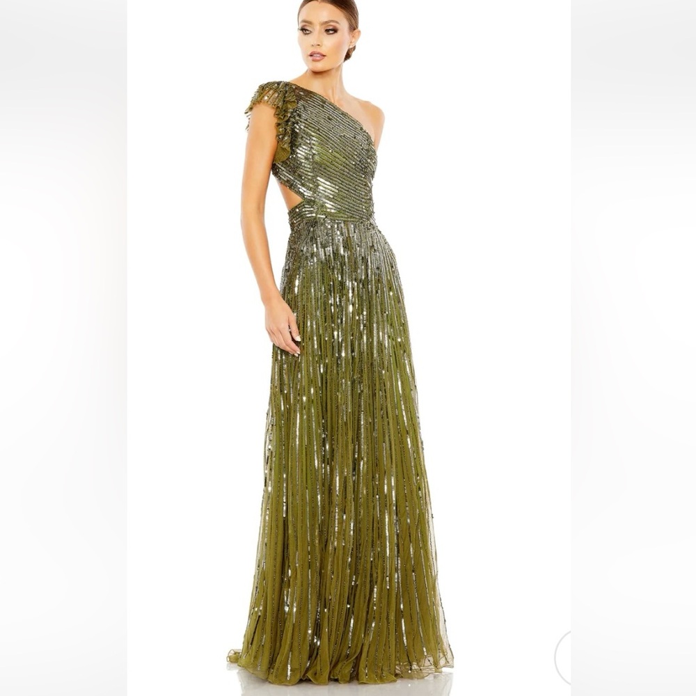 Mac Duggal Metallic Olive Backless Gown